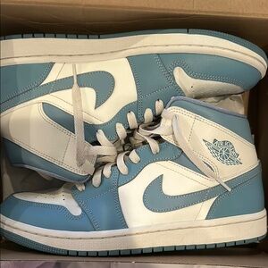 Nike Air Jordan 1 Mid Blue and White Sneakers